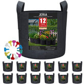 JERIA 12-pack 5 gallon grow bags with reinforced handles for portable balcony gardens.