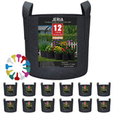 JERIA 12-pack grow bags with reinforced handles for easy relocation and setup.