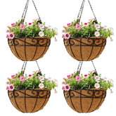 JFFLYIT 14-inch round metal hanging basket four-pack on a porch for space-saving plant displays.
