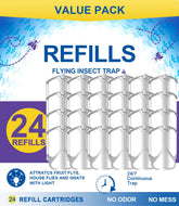 Jiermadun 24-pack refill cartridges installed in a plug-in light trap for 24/7 attraction.