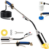 Jiimee propane torch with broad flame nozzle for efficient outdoor weed burning.