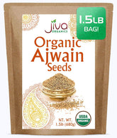 Jiva Organics Ajwain seeds in a 1.5 lb bag for authentic Indian flavor.