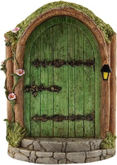 JJLFresheners Green Fairy Door on a tree trunk for whimsical outdoor decor.