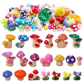 JKanruh 80-piece miniature resin mushrooms set adds color to fairy garden displays.