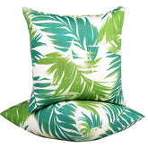 JMGBird outdoor pillow with blue palm leaf on white background for patio decor.