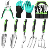 JMOO 8-piece garden tool set with gloves and trowel, ideal for easy planting tasks.