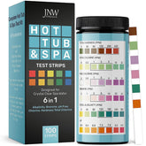 JNW Direct 6-in-1 test strips in bottle; quick water check for spa quality.