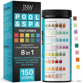 JNW Direct 8-in-1 pool test strips bottle close-up for quick testing