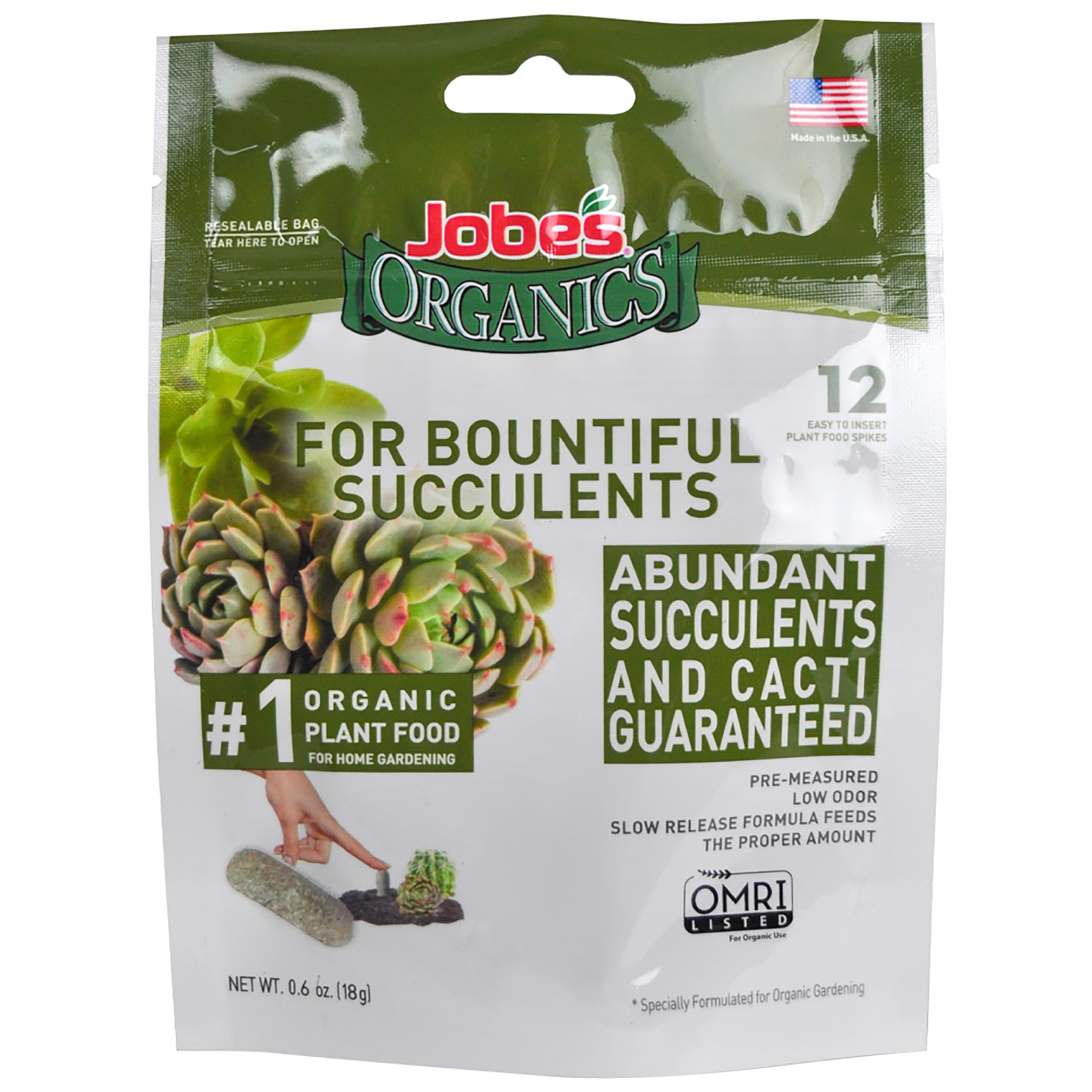 Packaging image of Jobe's Organics succulent fertilizer spikes for easy, mess-free feeding.