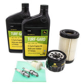 John Deere LG277 maintenance kit contents laid out for easy mower care.
