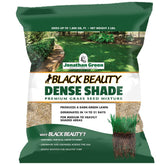 Jonathan Green Black Beauty Dense Shade Seed packaging promotes shade-tolerant lawn for low sun areas.