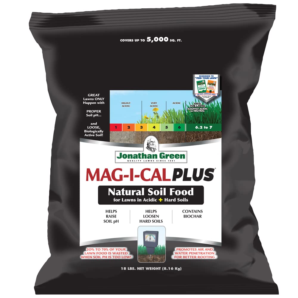 Jonathan Green Mag-I-Cal Plus raises soil pH for a healthier lawn.