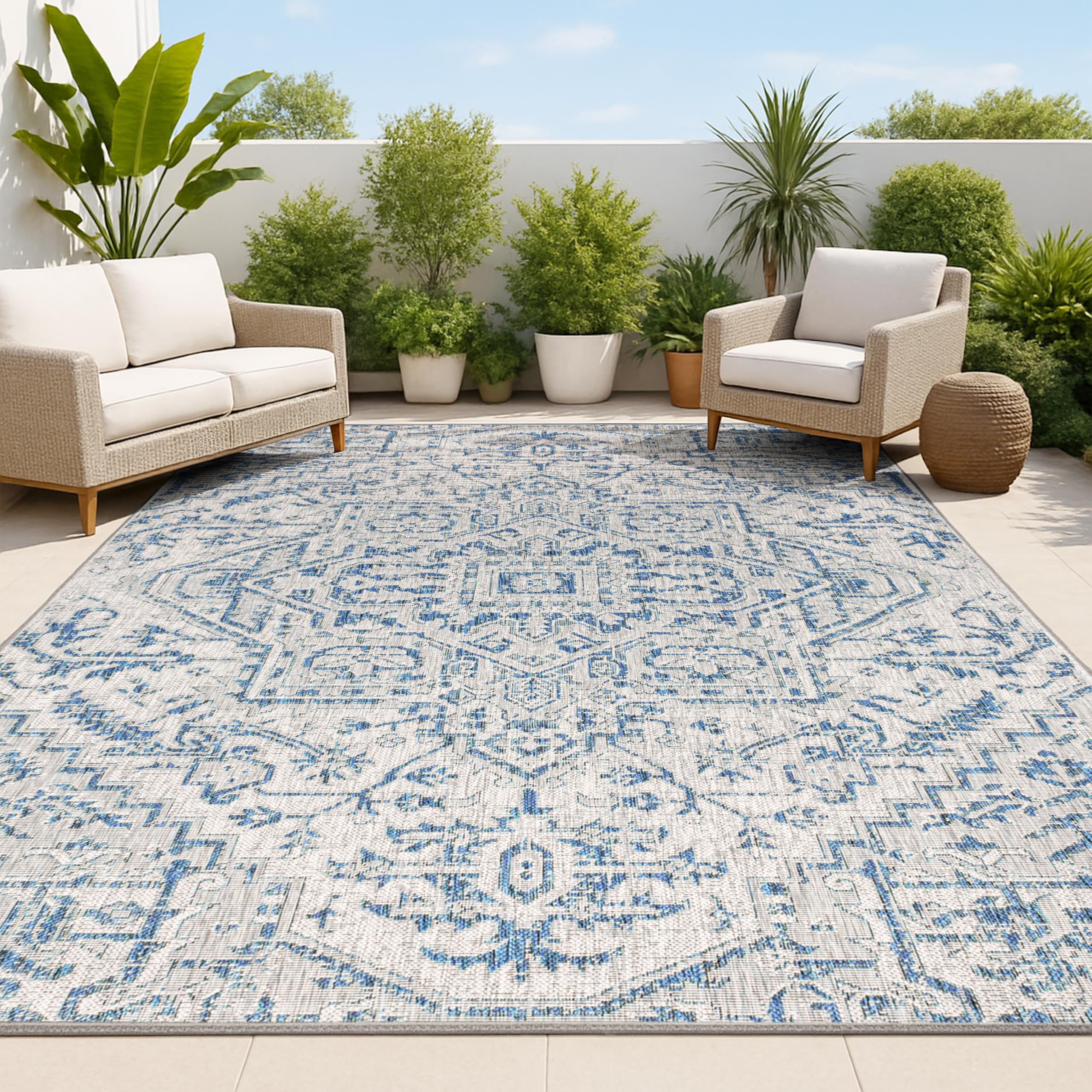 Jonathan Y Boho Medallion outdoor rug in navy gray for patios and decks