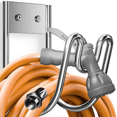 Josmimic hose holder wall mounted in silver, keeps outdoor hoses tidy and ready.