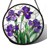 JOSUMALY purple iris stained glass window suncatcher brightens a doorway with sunlit color.