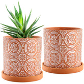 Jucoan terracotta pot front view with flower pattern for indoor decor