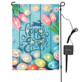 JUSHEN lighted Easter garden flag at dusk creates festive curb appeal.