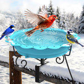 Jvgoo heated bird bath blue on deck rail ready for birds to sip and bathe