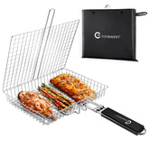 JY COOKMENT grill basket with a full-size cooking area ideal for grilling vegetables and seafood evenly.