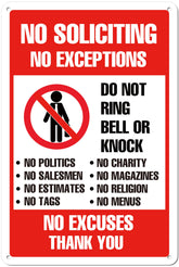 Kadezia No Soliciting Sign front view with bold red text for outdoor visibility.