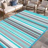 Kalafun outdoor rug blue-grey stripes enhances patio comfort and style.