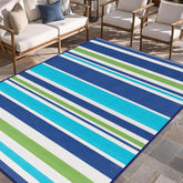 Kalafun outdoor rug blue-green stripe; durable, easy-clean for patios and decks.