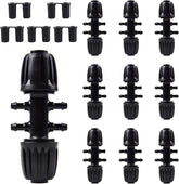Kalolary barbed tee linking half-inch to quarter-inch tubing for neat, efficient drip irrigation.