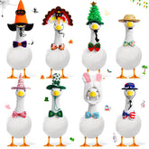 Kanmeii 8-set holiday goose outfits on a porch goose for festive curb appeal.
