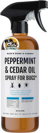 Kate's Home & Garden peppermint oil spray bottle for interior pest deterrence.
