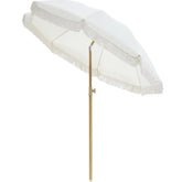 Kbrellaoutlets Patio Fringe Umbrella tilt mechanism offering adjustable shade for comfort