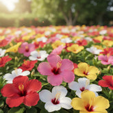 KCT GARDEN 100 hibiscus seeds package showing vibrant tropical blooms for borders and containers