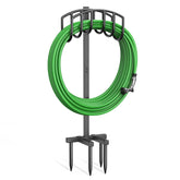 Keten garden hose holder with 4-spike base keeps hoses secure outdoors.