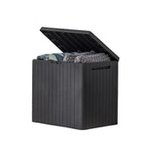Keter City 30 Gallon storage box front view in wood-look resin for outdoor storage