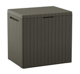 Keter City 30-Gallon storage box with lid open, interior space for cushions