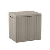 Keter City 30 Gallon beige storage box, front view, ideal for organized outdoor cushions.