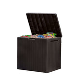 Keter City Box 30-gallon brown storage with closed lid for outdoor protection.