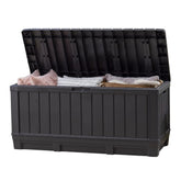 Keter Kentwood 92-gallon deck box showing large capacity for cushions