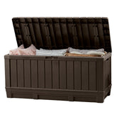 Keter Kentwood 92-Gallon exterior deck box in wood-look resin for patio storage.