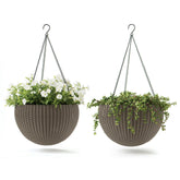 Keter resin rattan hanging planters with a round basket styling, ideal for indoor and outdoor decor.