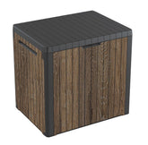 Keter Signature Everwood 30 gallon storage box with lid open for quick access
