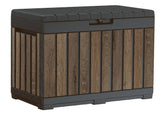 Keter Signature Everwood deck box with lid open, offering convenient outdoor storage.