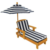 KidKraft outdoor chaise lounge with navy stripe cushion offers cozy kid-sized seating.