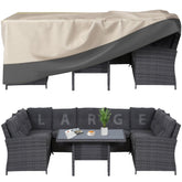 Kikcoin patio cover in 110x84x28 size protecting a large dining set