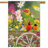 KIMPUDSEN Spring Hummingbirds House Flag on porch shows durable double-sided design.