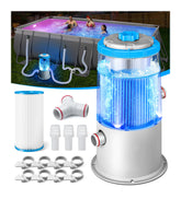 KimPump 1000 GPH light-up pool pump with blue LED illumination for night-time visibility.