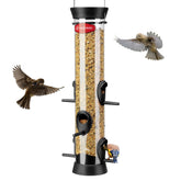 Kingsyard tube bird feeder hung outdoors with 6 ports for family-friendly backyard bird watching.