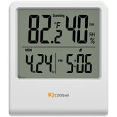 KJCOOSWI indoor thermometer with clock, front view shows temperature and humidity clearly.