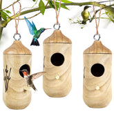 Kmise hummingbird house outdoor hanging set in natural rubber wood for eco-friendly garden decor.