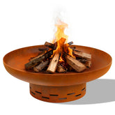 KOL Fire Pit round 27.5-inch diameter in oxidized rust finish enhances outdoor gatherings.