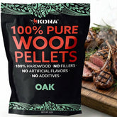 Kona 100 percent oak smoker pellets bag for rich woodfire flavor.